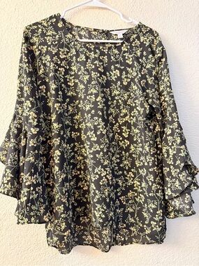 LC Lauren Conrad Black Blouse with Pale Yellow Floral Print
